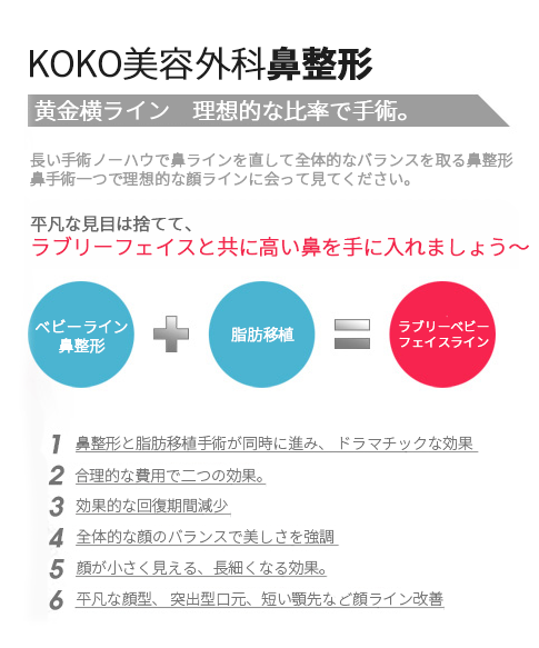 KOKO美容外科の鼻整形について黄金比などの比率についての説明画像。